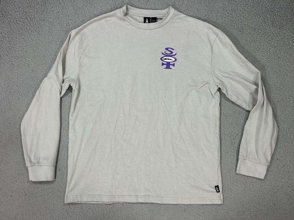 Y2K Quiksilver Shirt Mens Large White Purple Long Sleeve Surfers of Fortune